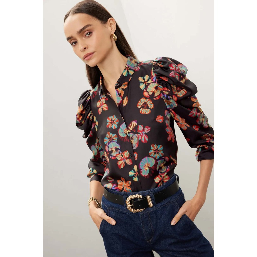 Ulla Johnson Dari Top Black Floral Puff Sleeve Button Up Shirt Silk Sz 2